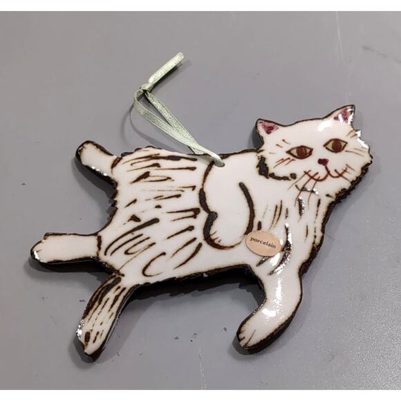 VTG Norman Pottery Porcelain Handpainted Cat Kitten Ornament Signed Off-White - Picture 1 of 7